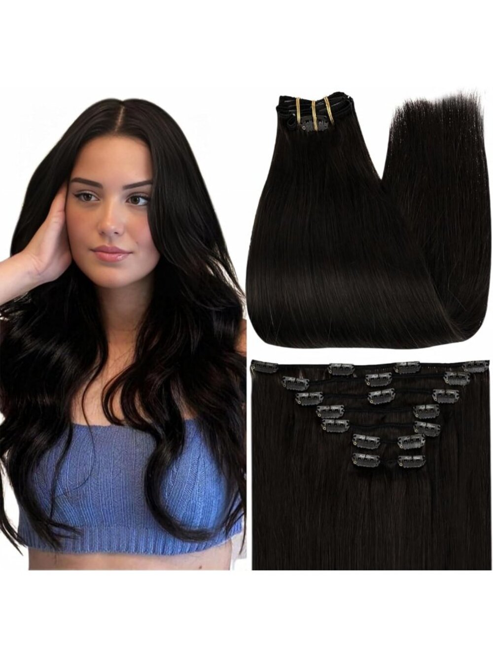 Luxurious Black Human Hair Clip-In Extensions for Volume & Length - Easy to Use